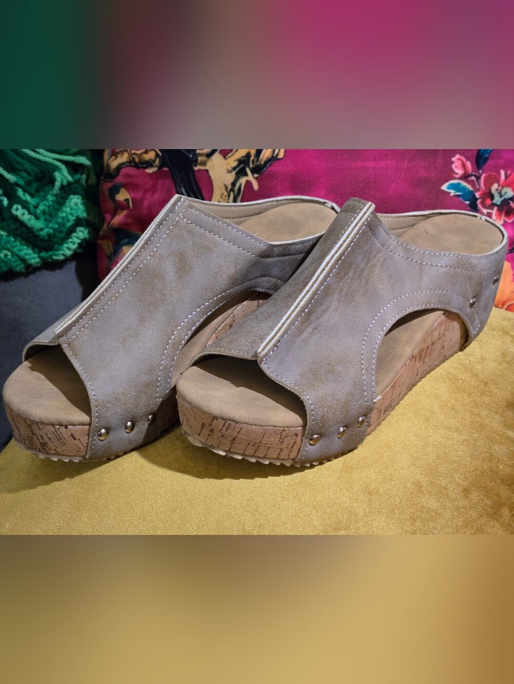 SHEIN Taupe Beige Faux Leather Cork Wedge Sandals Size 8